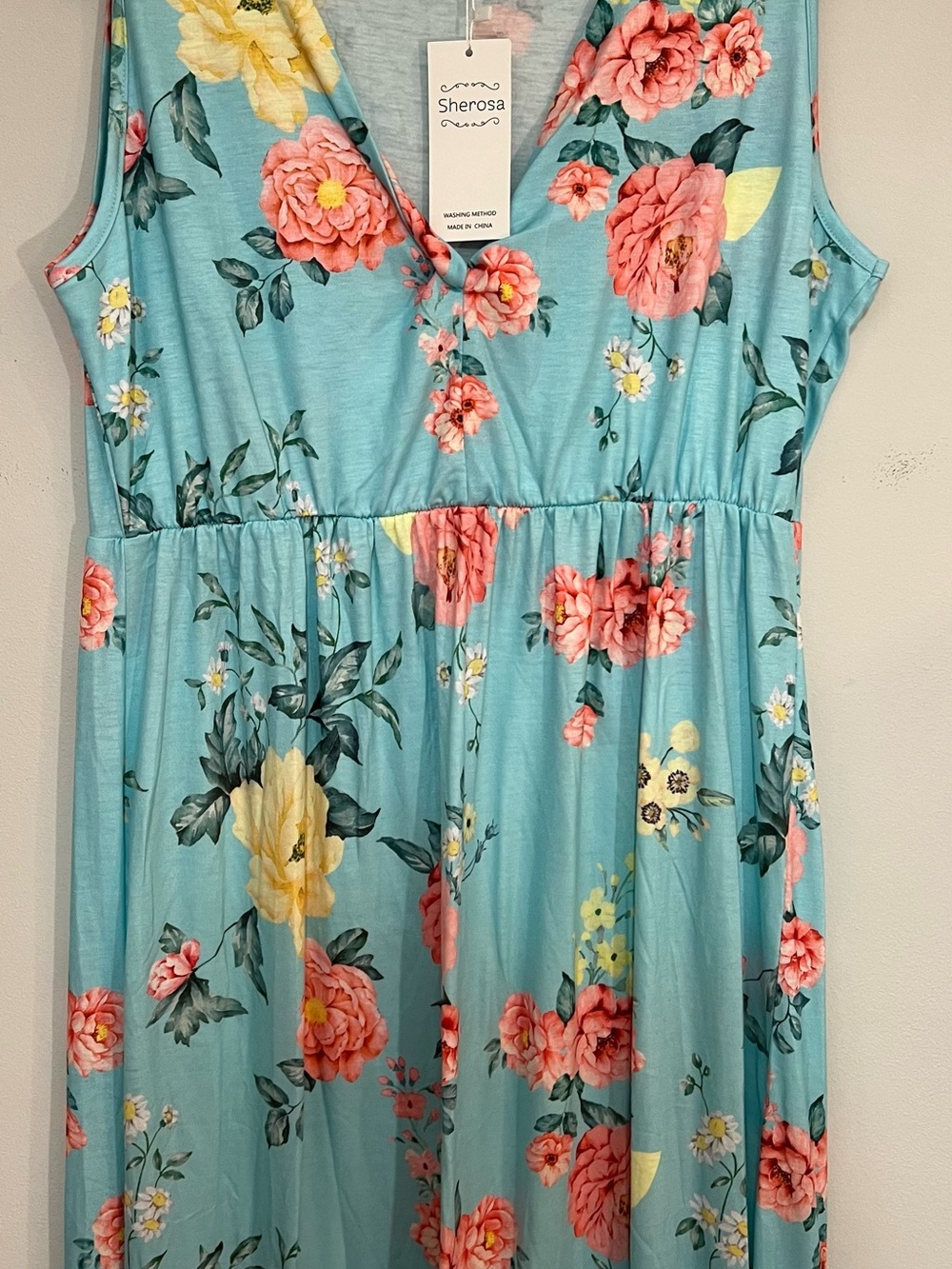Sherosa Women's Aqua Floral Maxi Dress SZ XL NWT V-Neck Sleeveless Flattering